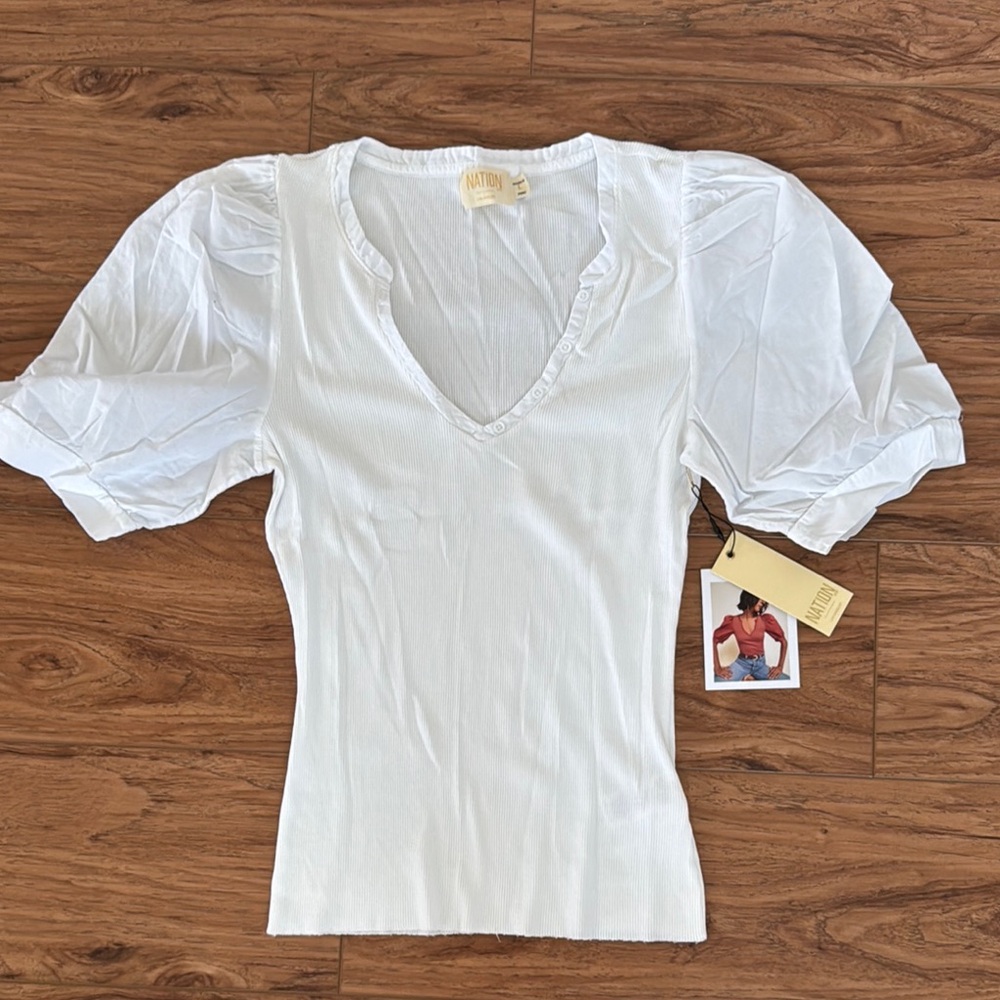 Anthropologie White Puff Sleeve Blouse